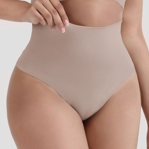 Detail of high waist seamless shapewear thong showing compression band for tummy control