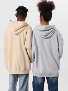 Oversized unisex cotton hoodies in beige and grey featuring a classic drop shoulder design