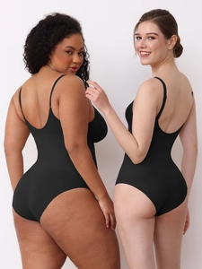 Detail view of black bodysuits showing back shaping and fit on different body types