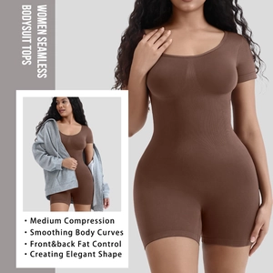 Seamless brown bodysuit with short sleeves and medium compression for tummy control