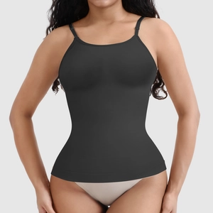Detailed view of black slimming camisole showing firm compression fabric and U-neckline
