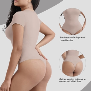 Detail view of light brown shapewear bodysuit with tummy control and butt lifting texture