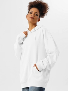 Oversized white cotton hoodie with kangaroo pocket and drawstring for casual streetwear