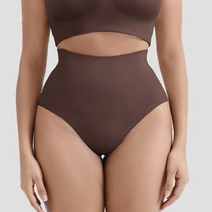 Detail of high waist seamless thong in brown ribbed knit fabric for tummy control