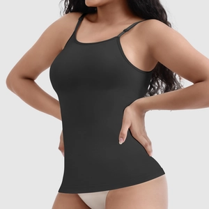 Detail of adjustable thin straps on a black compression shapewear camisole tank top