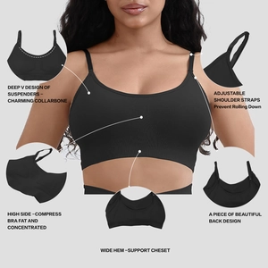 Detail view of seamless black bra featuring adjustable straps and high side support panels