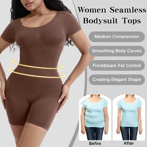Detail view of seamless brown bodysuit showing medium compression and shaping results