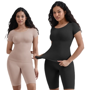 Seamless round neck short sleeve shapewear set with high elastic ribbed compression shorts