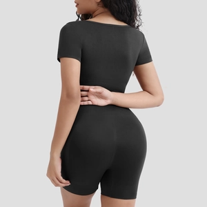 Detailed back view of short sleeve compression bodysuit showing waist shaping and lifting effect