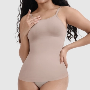 Detail of seamless slimming camisole with adjustable straps and fine fabric texture