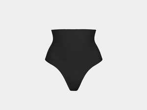 Detail view of high waisted black shapewear thong with seamless rib texture design