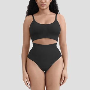 Detail of black ribbed seamless shapewear set with high waist control and U-back bra