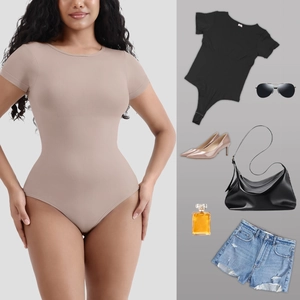 Short sleeve ribbed shapewear bodysuit for women in beige and black solid colors