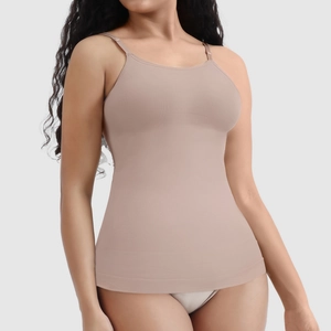 Close-up of nude seamless shapewear camisole with adjustable straps and elastic fabric