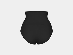 Macro detail of black high-waisted seamless waist trainer panties with ribbed texture