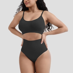 Front view of black two-piece sports set with slim strap top and high-waist seamless panties