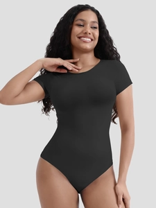 Close-up of black short-sleeve bodysuit featuring premium ribbed knit texture and fit