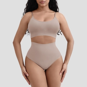 Detail of nude seamless ribbed lingerie set with high-waist tummy control shorts and top