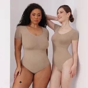 Detail of round neck short sleeve bodysuit showing high elasticity on different body types