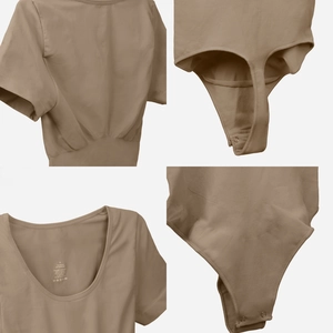 Detail shots of seamless brown bodysuit showing neckline tag, stitching and bottom snaps