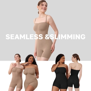 Detailed comparison of black and beige seamless slimming bodysuits on different body types