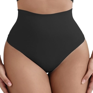 High waist seamless shaping thong in black ribbed fabric for tummy control and body contouring
