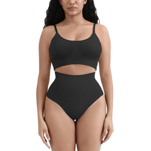 Seamless black lingerie set with high-waist tummy control brief and cutout bralette