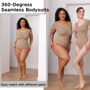 Close-up of seamless shaping bodysuit with round neck and high elastic fabric on models
