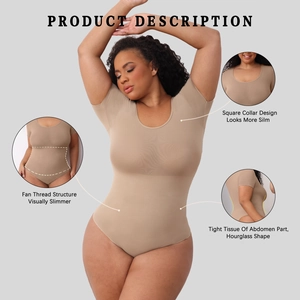 Slimming nude round neck short sleeve bodysuit with high elasticity abdomen control