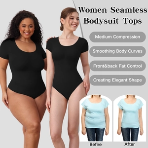 Seamless short sleeve shapewear bodysuit with medium compression for tummy control