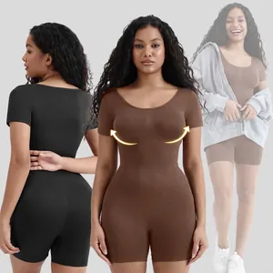 Short sleeve seamless sculpting bodysuit jumpsuit for women in coffee and black