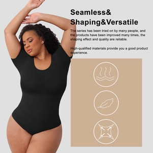 Detail of seamless black short sleeve shapewear bodysuit with high elasticity icons