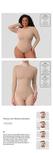 Detail view of slim fit beige long sleeve bodysuit in different sizes for body comparison