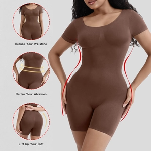 Short sleeve seamless bodysuit shapewear for waist slimming and tummy control in brown