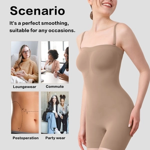 Detail of nude seamless shapewear bodysuit showing versatility in four different daily scenarios