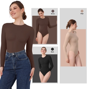Detailed views of long sleeve bodysuits in brown black and beige high stretch fabric