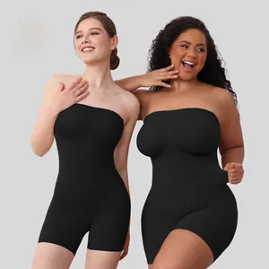 Detail view of black seamless strapless bodysuit showing tummy control on two body types