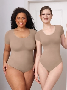 U-neck compression bodysuit shown on standard and plus-size models for a body positive look