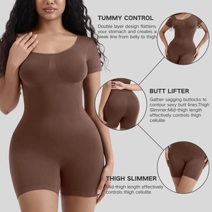 Women's seamless short sleeve bodysuit with tummy control and thigh slimming shaping