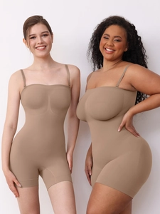 Detail of seamless compression shapewear showing tummy control and butt lifting on models