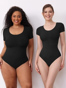 Detail showing high elasticity black crew neck bodysuit on regular and plus size models