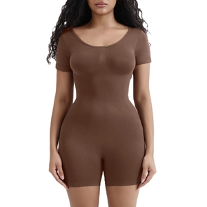 Short sleeve seamless sculpting bodysuit in coffee brown ribbed knit with slimming waist