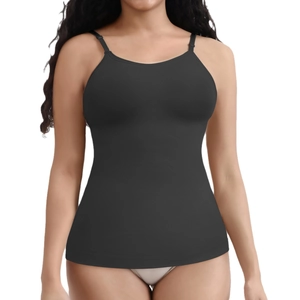 Women's black body shaping camisole with adjustable straps and slimming tight fit