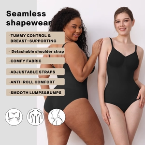 Detail view of seamless tummy control bodysuit with adjustable straps on two models