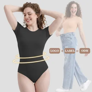 Women Seamless Shaping Bodysuit Short Sleeve Scoop Neck Ribbed Tummy Control Hip Lift One Piece Jumpsuit Slimming Body Shaper