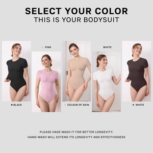 Short sleeve bodysuit for women in five colors showing elastic tight fit and fabric texture