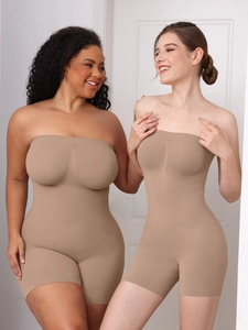 Detail of seamless strapless shapewear bodysuit in nude on diverse models for tummy control