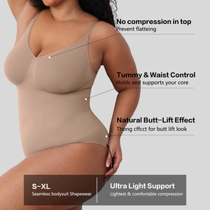 Detail view of seamless nude bodysuit featuring tummy control and ultra light support