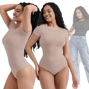 Seamless short sleeve bodysuit with high elasticity shaping fabric in black and brown
