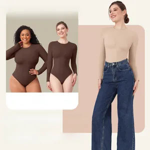 Detail view of double-layer high elasticity slimming bodysuit with long sleeves and crew neck